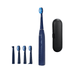 Blue electric toothbrush displayed with its attachments: four replacement heads. It also includes a sleek black carrying case.