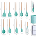 A set of kitchen utensils in turquoise with wooden handles, displayed with measurements for each item.