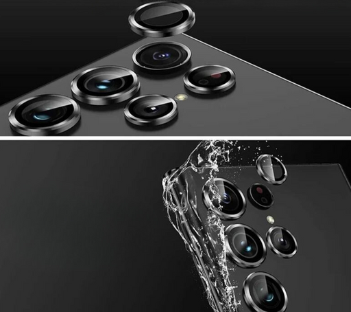 Two images of a smartphone's camera lenses with protective covers. The top image shows the camera lenses with metal protective rings being placed on them. The bottom image shows the smartphone's camera lenses with water splashing over them, demonstrating the water resistance of the protective covers.