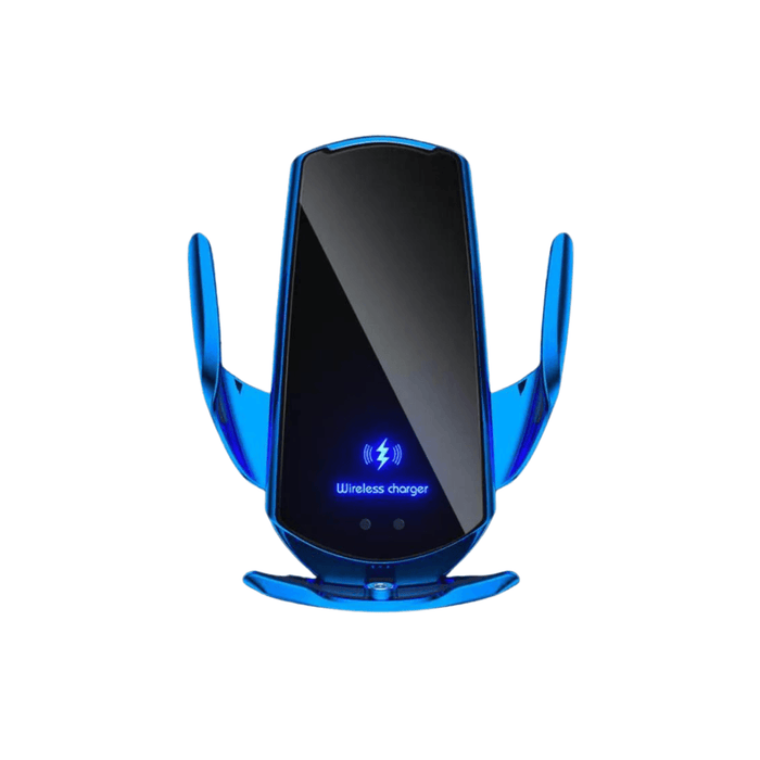 Front view of the blue wireless phone charger with a blue charging indicator light, emphasizing its sleek and modern design.