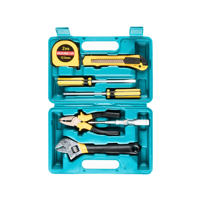 a teal plastic carrying case opened to reveal a set of hand tools. The toolset includes an adjustable wrench, pliers, screwdrivers, a utility knife, and a measuring tape, all neatly arranged.