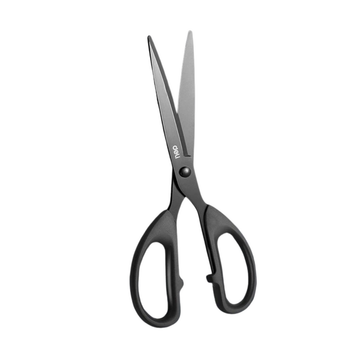 A single pair of scissors with a black blade and black handles. The design is sleek and modern, suitable for various cutting tasks.