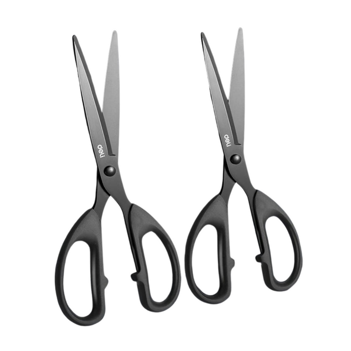 Two identical pairs of scissors placed side by side. Both pairs have black blades and black handles, showcasing their uniform design.