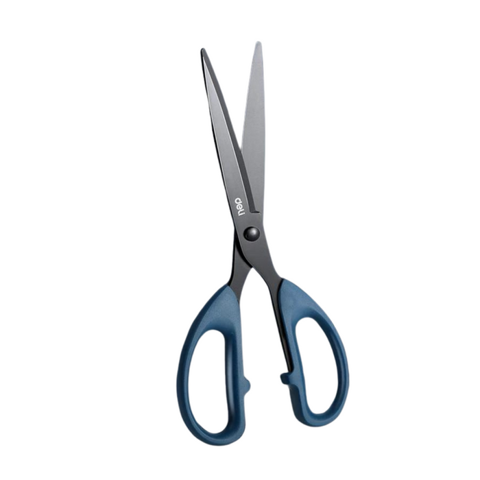 A single pair of scissors with a black blade and blue handles. The design is sleek and modern, suitable for various cutting tasks.