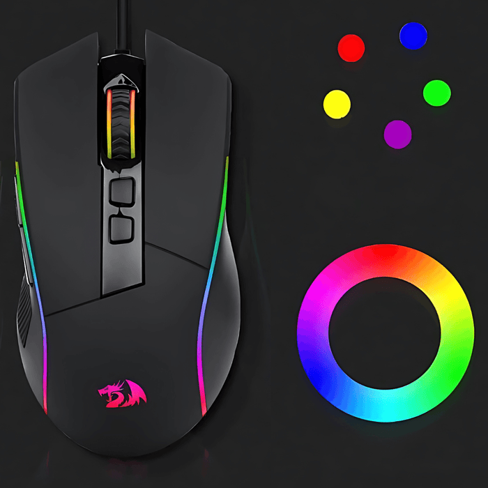 Top view of the same gaming mouse, highlighting its RGB lighting. The mouse is shown alongside a color wheel with various color options, indicating customizable lighting.