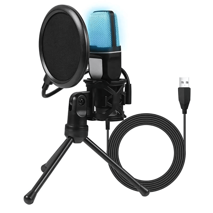 USB microphone on a tripod stand with a pop filter. The microphone is glowing blue, and it comes with a long USB cable for connectivity. Display on white background.