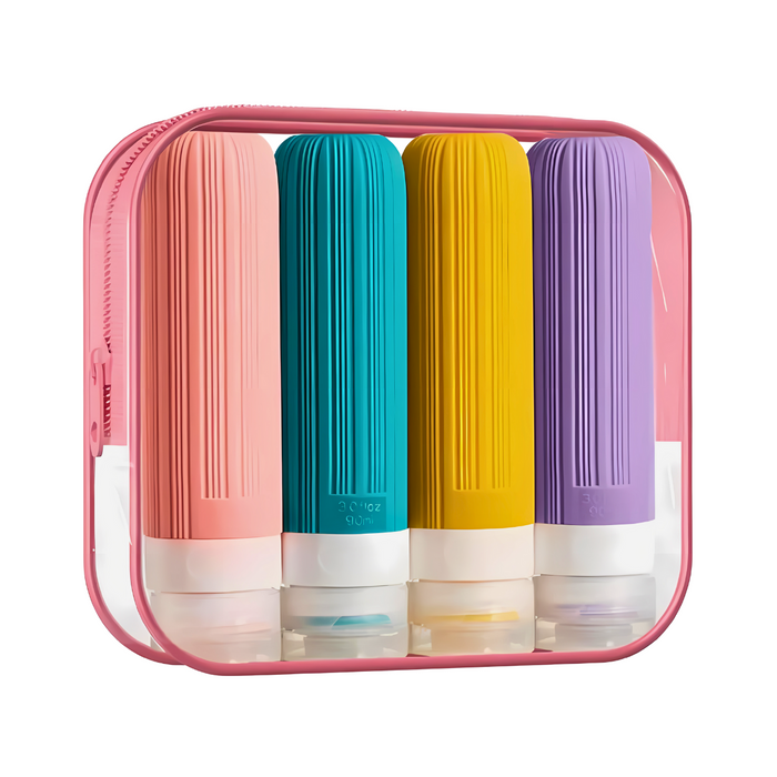 Vibrant travel toiletry kit in a pink zippered case containing four silicone bottles in shades of pink, blue, yellow, and purple. Each bottle, designed with a clear cap, holds up to 3 fl oz, perfect for organizing and carrying essential liquids securely while traveling.