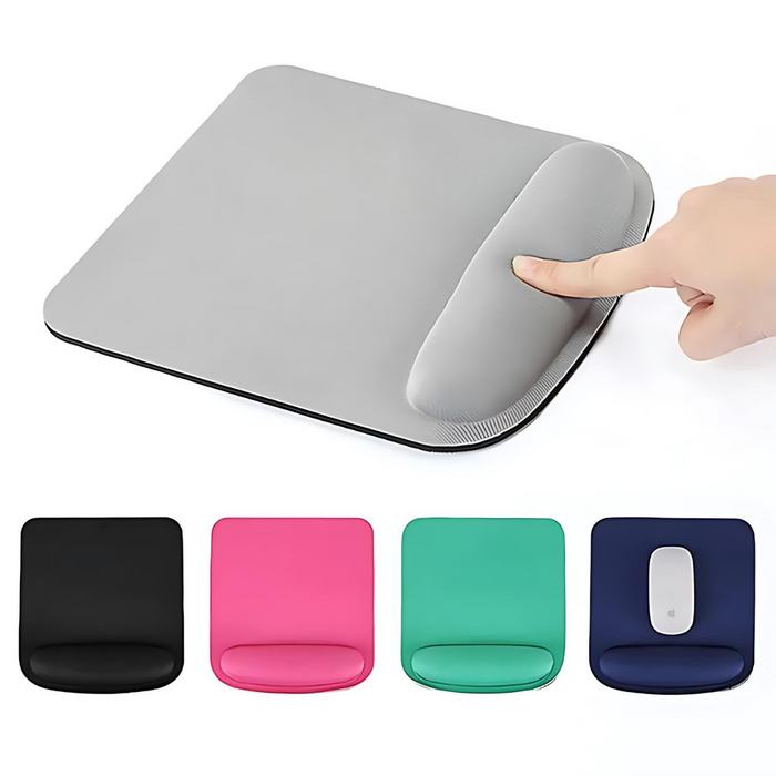 A gray mouse pad with a finger pressing on the pad in the middle of the image. And a set of ergonomic mouse pads with wrist rests in various colors (black, pink, mint green, blue), displayed on a white background.