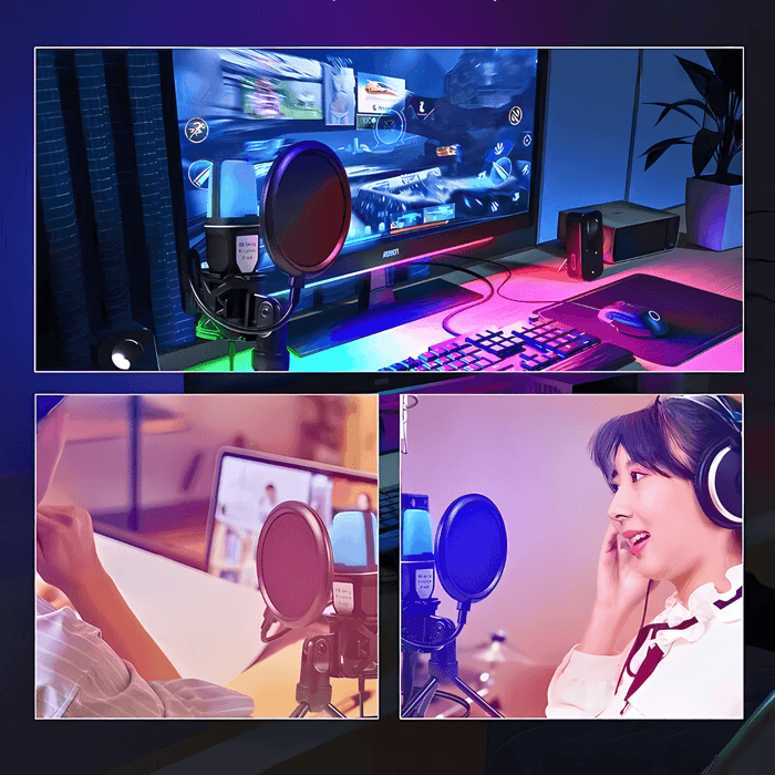 A vibrant gaming setup with a monitor, RGB keyboard, mouse, and a USB microphone with a pop filter. The bottom left shows a person using the microphone while working at a laptop, and the bottom right shows a girl with headphones speaking into the microphone, smiling.