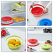 Collapsible microwave food covers in green, red, and blue shown covering bowls of food in various kitchen settings.