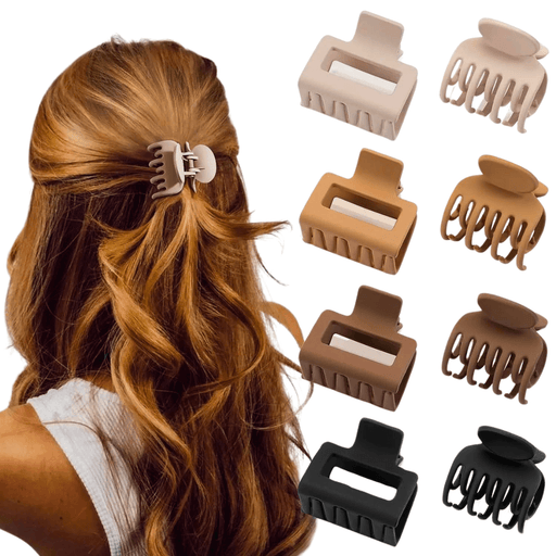 A close-up of a half-up, half-down hairstyle on brunette hair, secured with a beige rectangular hair clip. Surrounding this image are additional clips in various styles and shades of brown and black, showcasing the diversity available in hair accessories for securing different types of hairstyles, from simple to elegant.