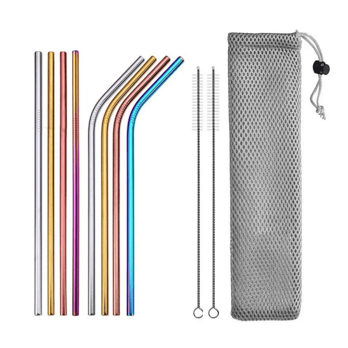 Rainbow-colored stainless steel straws with carrying bag and two cleaning brushes.