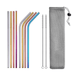 Rainbow-colored stainless steel straws with carrying bag and two cleaning brushes.