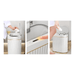 Three different images of a person throwing paper into the trash can in several spots inside the house such as bathroom, and kitchen. Display on white background.