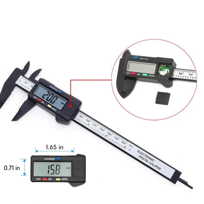 A digital caliper displaying a measurement of "20.0" mm, with a close-up on the digital screen highlighting the specific measurement details. The diagram includes dimensions of the display panel itself, indicating 1.65 inches in width and 0.71 inches in height, emphasizing the caliper's precision and ease of reading.