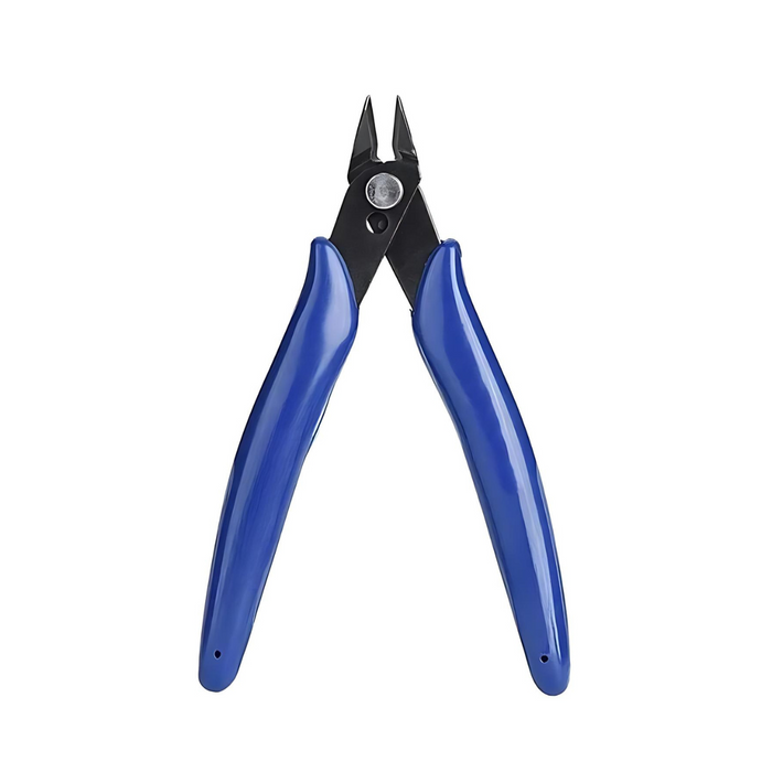 Black wire cutter with blue handles against a white background.