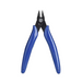 Black wire cutter with blue handles against a white background.