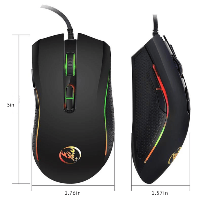 A black wired gaming mouse with RGB lighting accents. The mouse is shown from two perspectives: a top view and a side view. Dimensions are labeled on the image, indicating the mouse is 5 inches long, 2.76 inches wide, and 1.57 inches tall. The mouse has a sleek, ergonomic design with a scorpion logo on the top.