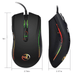 A black wired gaming mouse with RGB lighting accents. The mouse is shown from two perspectives: a top view and a side view. Dimensions are labeled on the image, indicating the mouse is 5 inches long, 2.76 inches wide, and 1.57 inches tall. The mouse has a sleek, ergonomic design with a scorpion logo on the top.