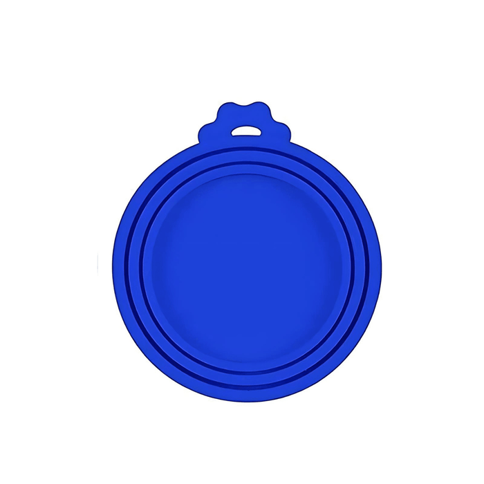 A close-up of a single blue silicone can lid. The design features multiple rings, allowing it to fit cans of different diameters, and it includes a tab for easy removal.