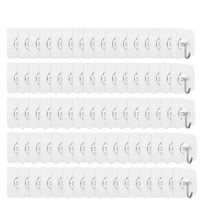 A large set of these adhesive hooks is displayed. The hooks are arranged in a grid pattern, showcasing the quantity available in the set. 