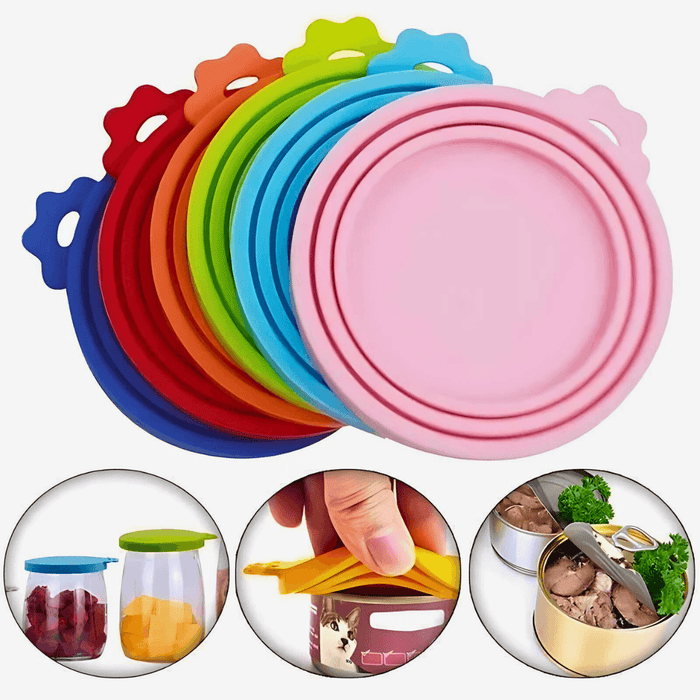 A collection of multi-colored silicone can lids, suitable for various container sizes, showcased in a stack. Insets illustrate their use on different can types, including one for pet food and another for general kitchen use.