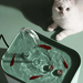 A white cat with heterochromia (one blue eye and one green eye) is observing a green water fountain with a clear curved spout. The fountain contains several small orange fish swimming inside.