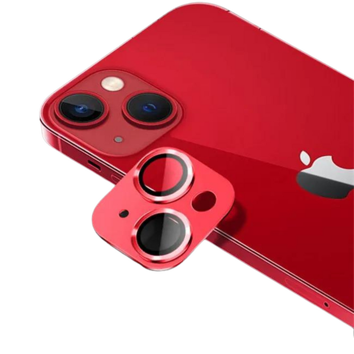 Close-up of a red camera lens protector on an iPhone.