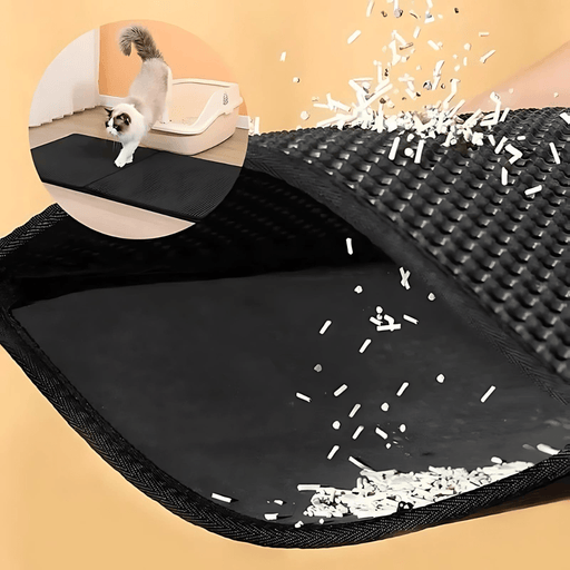 A cat litter mat in use, designed to catch and contain litter from a cat's paws as it exits the litter box. The first image shows the mat trapping litter effectively, with a close-up inset highlighting its textured surface.