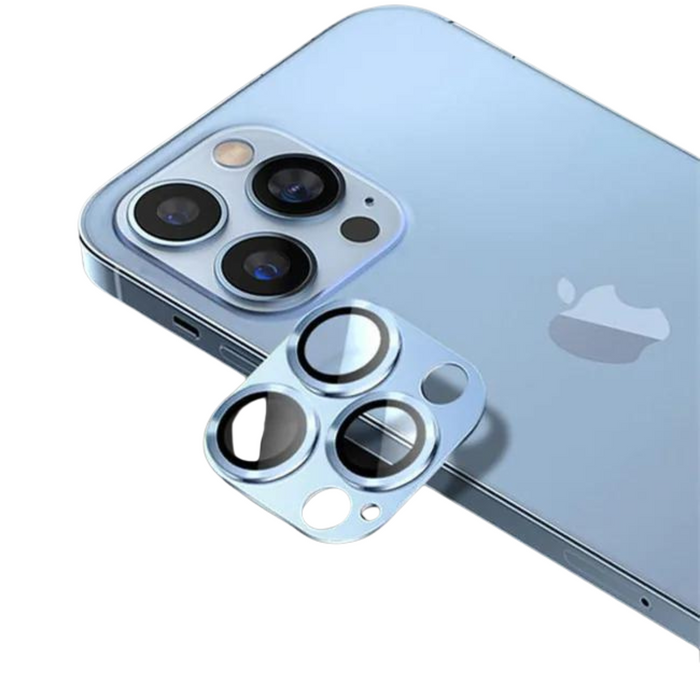 Close-up of a blue camera lens protector on an iPhone.