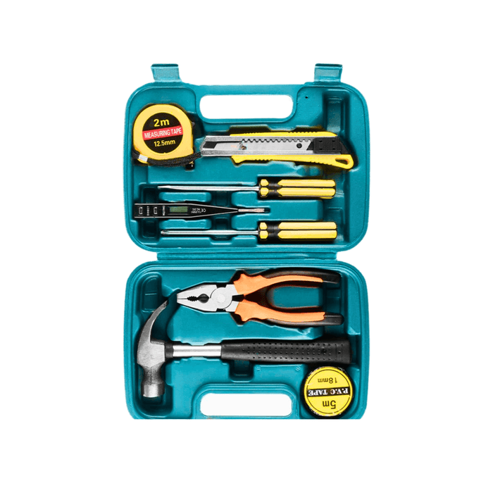 a teal plastic carrying case opened to show a set of hand tools. The kit includes a hammer, pliers, a utility knife, screwdrivers, and a measuring tape, neatly arranged for easy access.