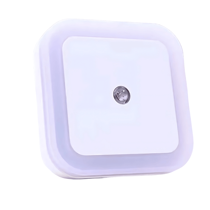 An white-framed square night light, featuring a central LED for gentle illumination. Display on white background.