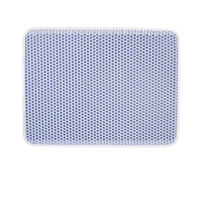 A blue cat mat designed to trap sand from cat paws, helping to keep the house clean. The mat features a textured surface with numerous small holes that capture the litter as a cat steps on it after using the litter box.