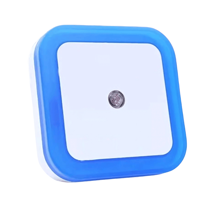 An blue-framed square night light, featuring a central LED for gentle illumination. Display on white background.