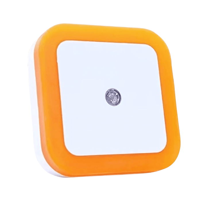 An orange-framed square night light, featuring a central LED for gentle illumination. Display on white background.