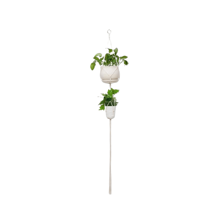 A single macrame plant holder with two tiers, each holding a white pot with green plants. The top pot has a design with brown dripping glaze.