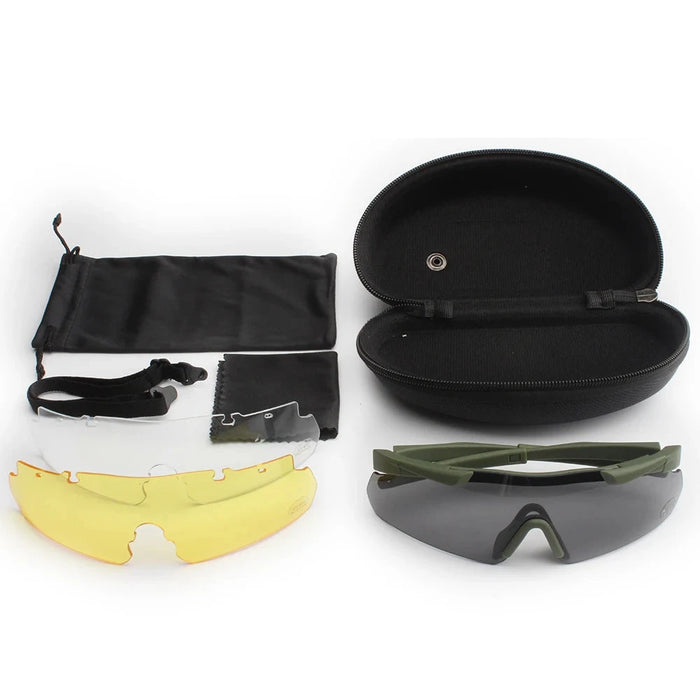 a complete set of army green Protective Glasses, including three interchangeable lenses (yellow, clear, and grey), a tan frame, a protective hard case, a soft pouch, a cleaning cloth, and an adjustable strap. The set is designed for versatile use in various lighting conditions and provides convenient storage and maintenance options.