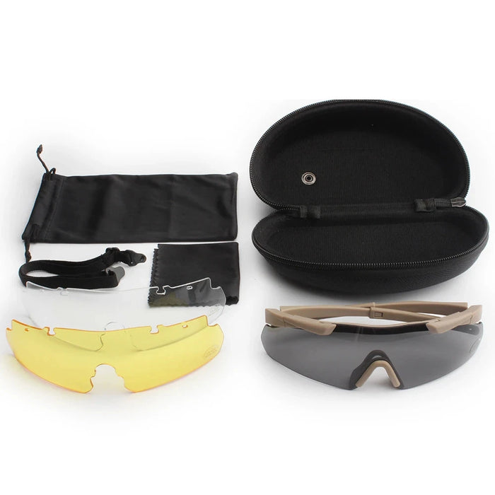 a complete set of khaki tactical sunglasses, including three interchangeable lenses (yellow, clear, and grey), a tan frame, a protective hard case, a soft pouch, a cleaning cloth, and an adjustable strap. The set is designed for versatile use in various lighting conditions and provides convenient storage and maintenance options.