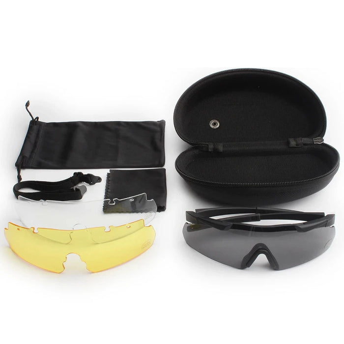 a complete set of black Protective Glasses, including three interchangeable lenses (yellow, clear, and grey), a tan frame, a protective hard case, a soft pouch, a cleaning cloth, and an adjustable strap. The set is designed for versatile use in various lighting conditions and provides convenient storage and maintenance options.