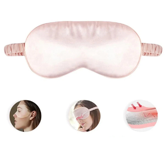 Pink sleep eye mask with 3 photos under it that show close-up of the material and the eye mask in use on a woman.