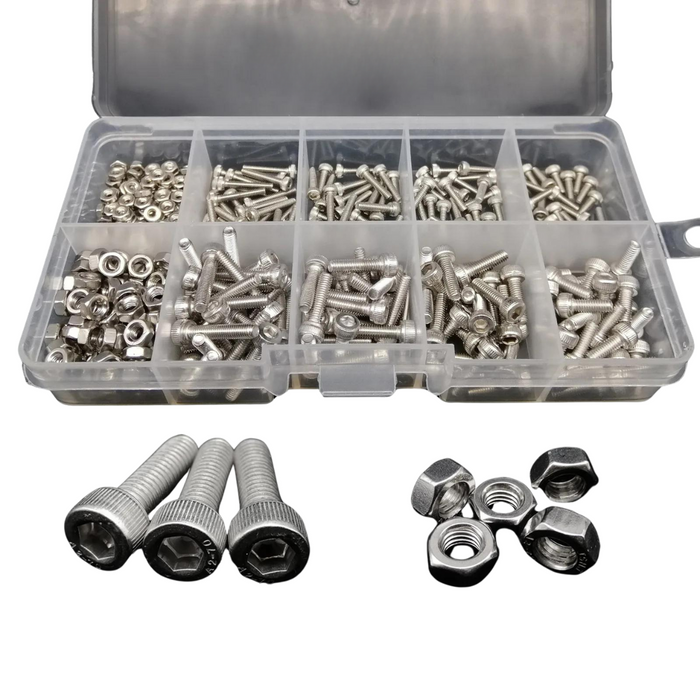 A plastic organizer box with multiple compartments filled with various stainless steel fasteners. The box is open, showcasing a range of hex socket cap screws, nuts, and washers. Several screws and nuts are arranged outside the box.