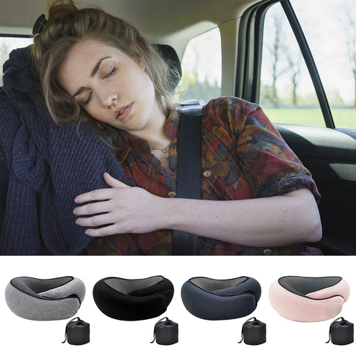 A woman asleep in a car, leaning against a window while using a gray neck pillow. Below her, the four color options of the pillow are shown with their respective carrying bags.