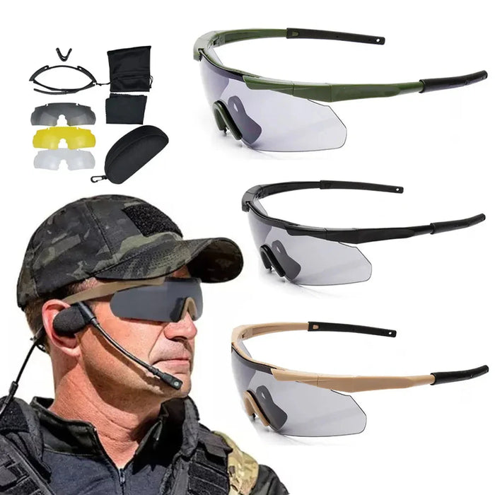 Tactical sunglasses worn by a person, available in multiple frame colors - green, black, and tan - for versatile use.
