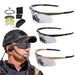 Tactical sunglasses worn by a person, available in multiple frame colors - green, black, and tan - for versatile use.
