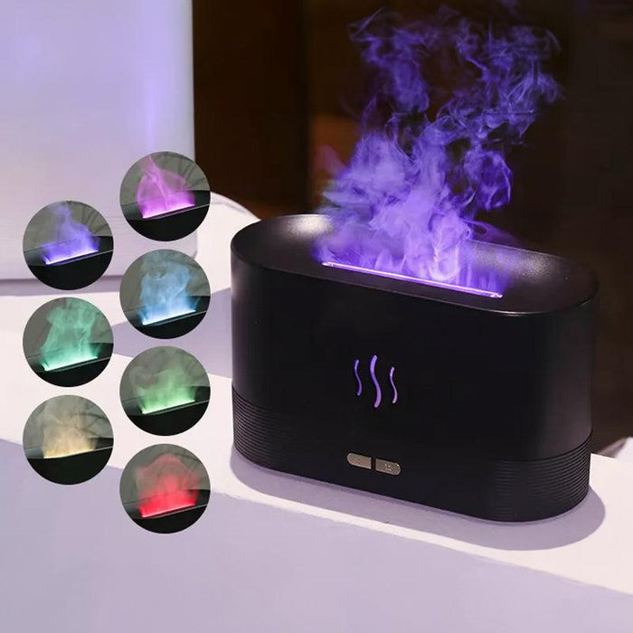 A black aroma diffuser with purple mist. Additional small images show the diffuser emitting mist in various colors: purple, blue, green, red, etc. The diffuser has a control panel with two buttons.