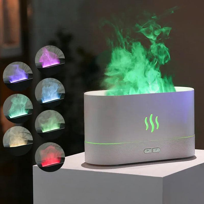 A white aroma diffuser emitting green mist. Additional small images show the diffuser emitting mist in various colors: purple, blue, green, red, etc. The diffuser has a control panel with two buttons.