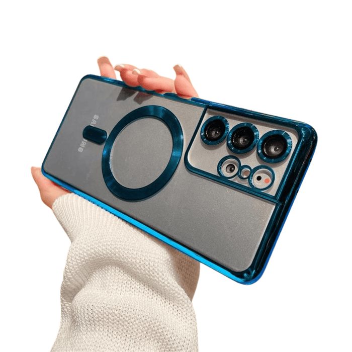 A phone case with a blue magnetic ring held in hand, illustrating the stylish design.