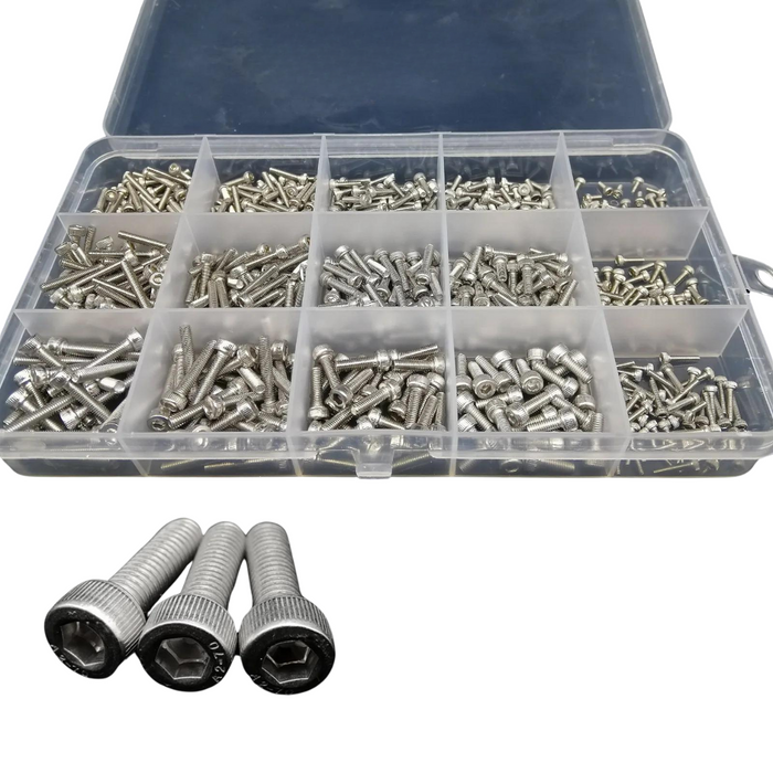 A plastic organizer box with multiple compartments filled with stainless steel hex socket cap screws. The box is open, displaying a variety of screws neatly sorted by size and type. Three screws are placed outside the box for better visibility.