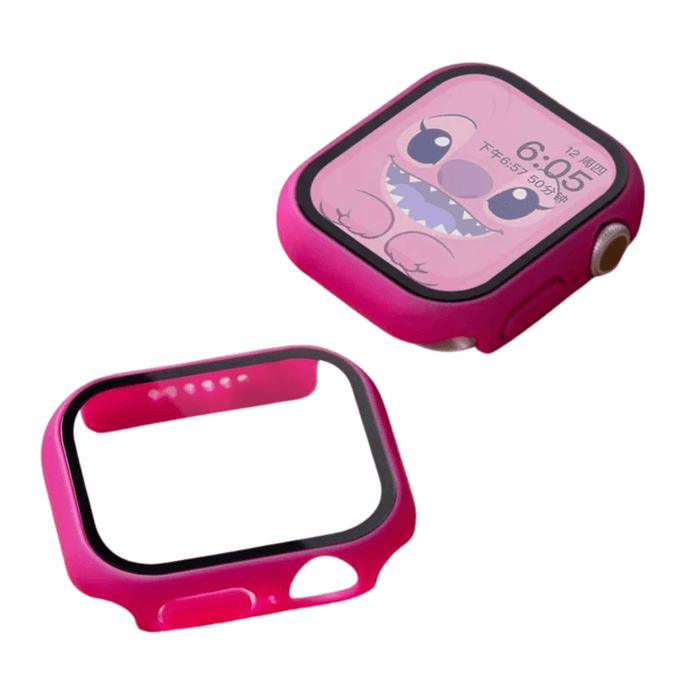 A smartwatch with a pink protective case displays a cartoon character on the screen. The case is removed and placed beside the watch.