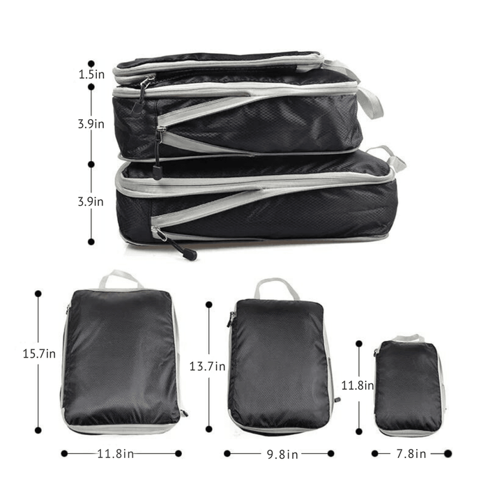 Three black packing cubes with light gray zippers and handles, displayed one on top of another. Dimensions for each cube are listed next to them: 15.7x11.8x3.9 inches, 13.7x9.8x3.9 inches, and 11.8x7.8x1.5 inches.